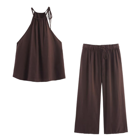 Women's new fashion sleeveless hanging neck draped top+Pants suit