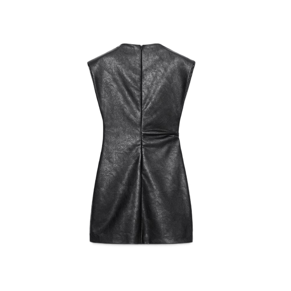 Women's new fashion with shoulder pads black faux leather mini dress