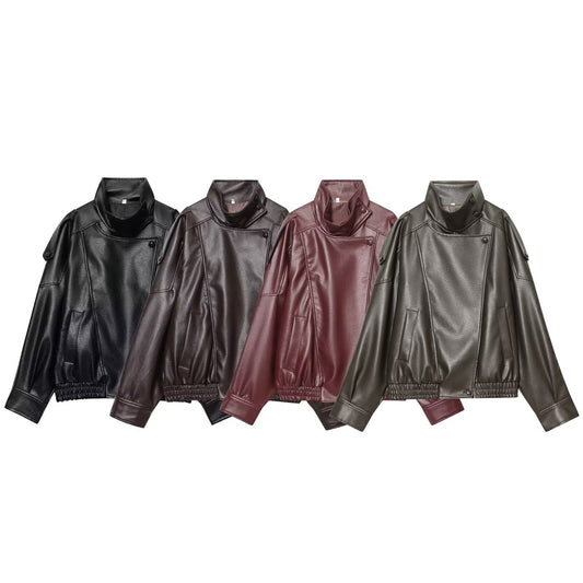 Women's new loose stand collar Faux Leather jacket Coat
