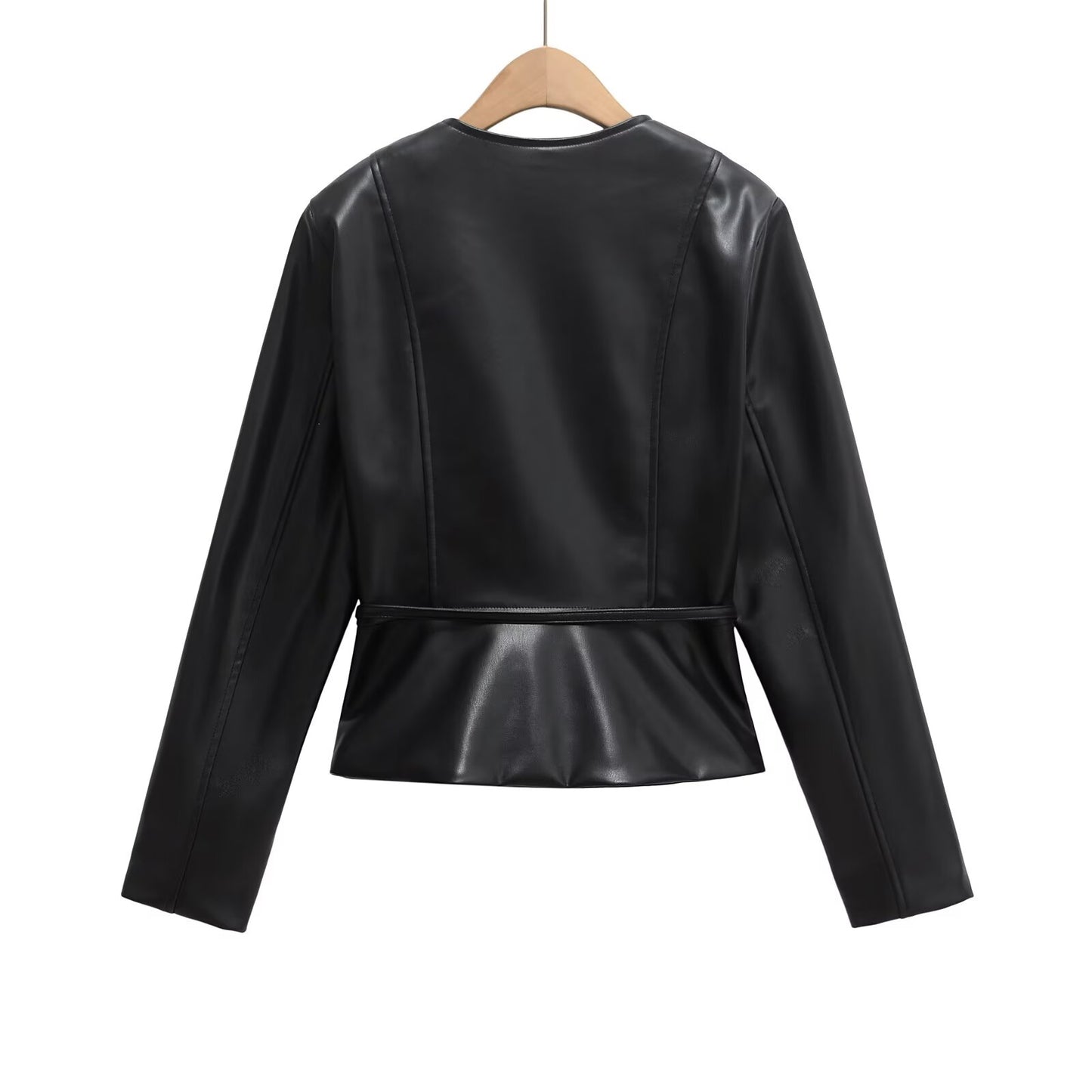 Women's with Belt O Neck zipper Faux Leather jacket Coat