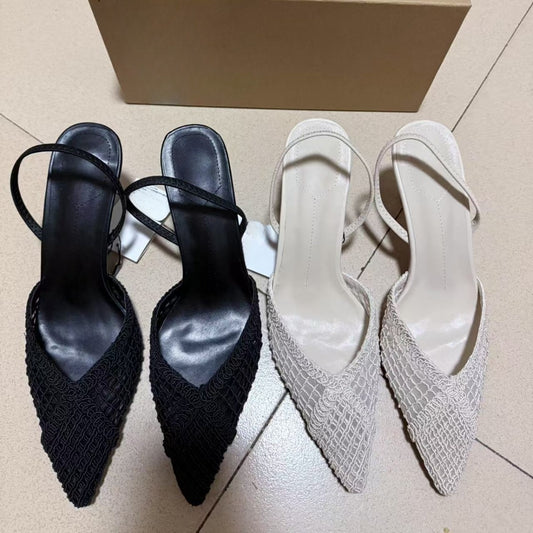 Women's new summer fashion Joker hollow design woven cat heels.