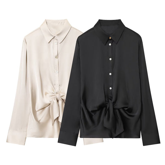 Women's new fashion knot decoration satin texture lapel shirt