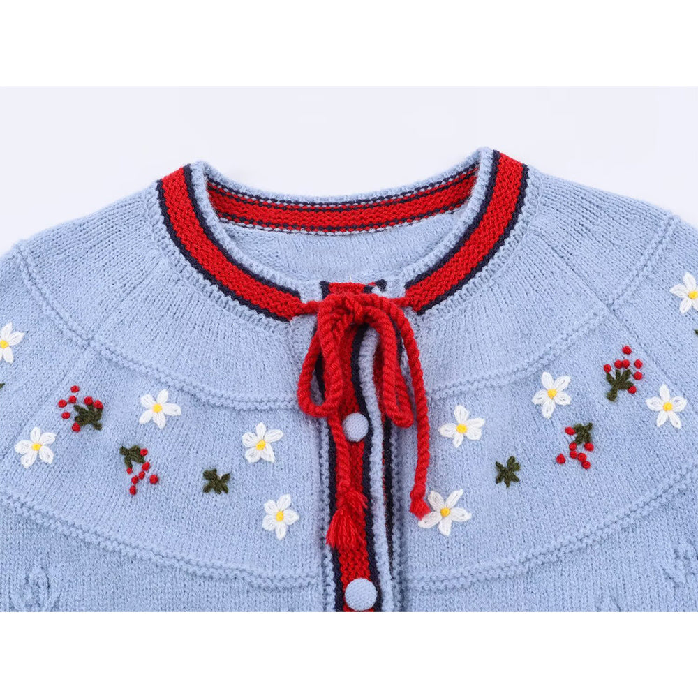 Women's embroidery decorative lace up knitted cardigan