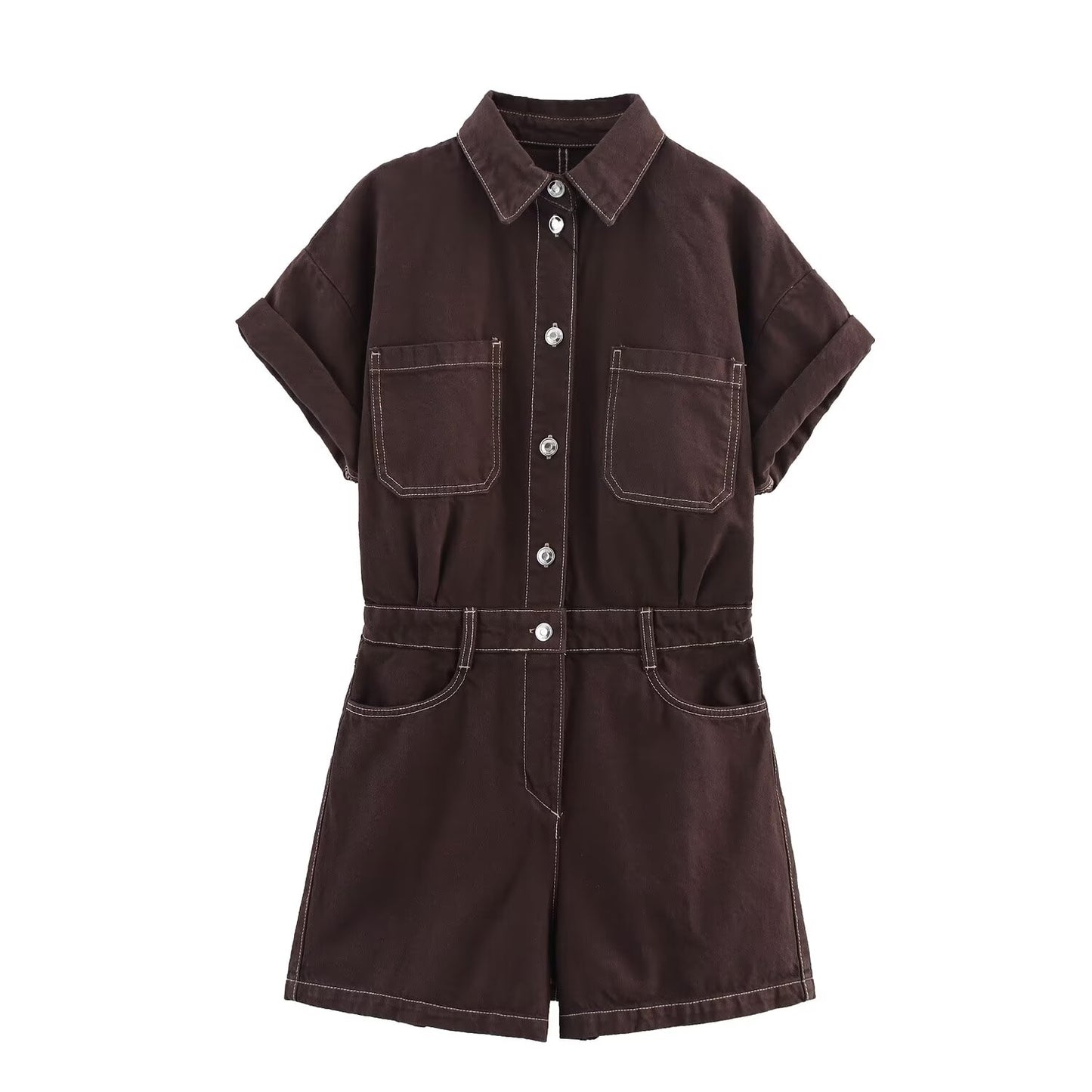 Women's new fashion short sleeved single breasted denim jumpsuit