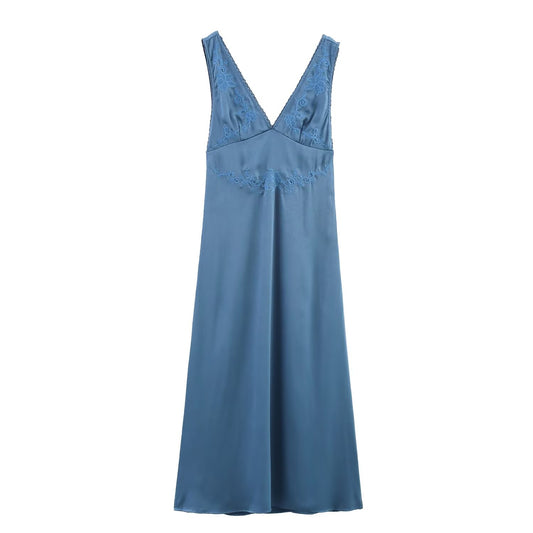 Women's new fashion sleeveless double V-neck embroidered MIDI dress