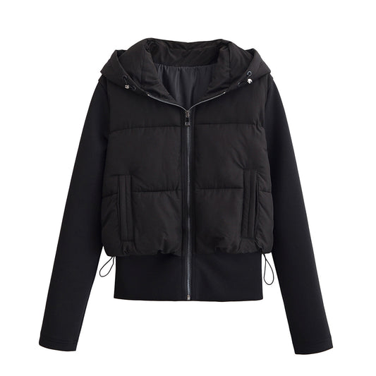 Women's Winter New Black Lightweight Hooded Splicing Coat