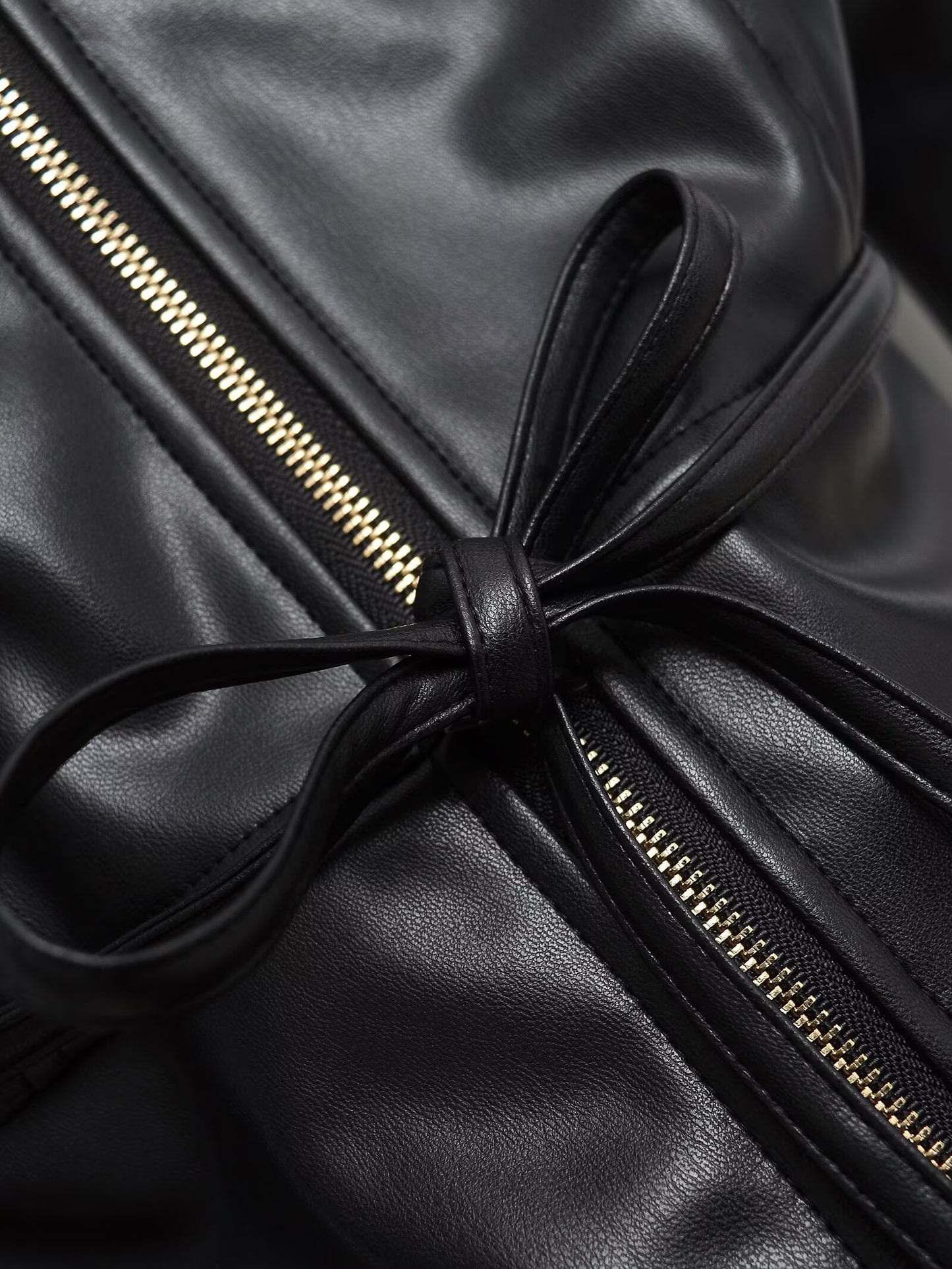 Women's with Belt O Neck zipper Faux Leather jacket Coat