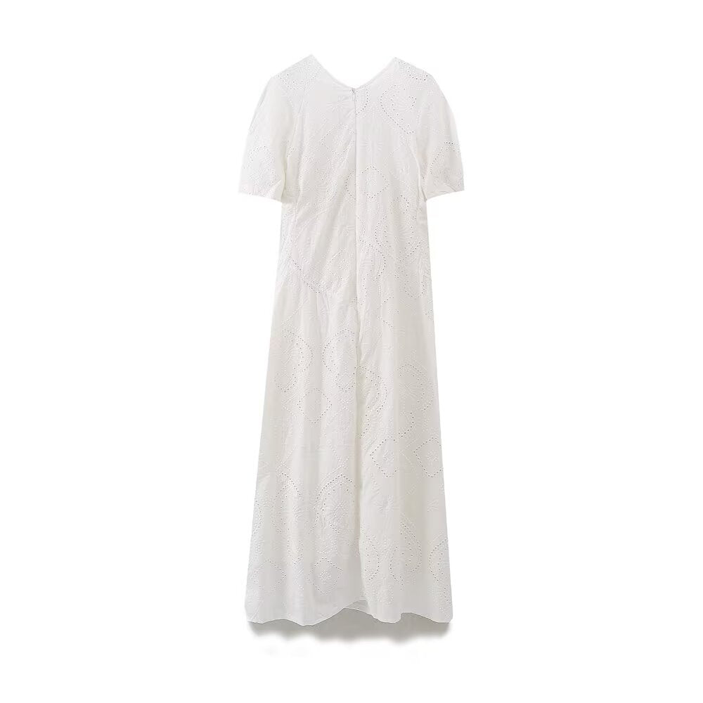 Women's new fashion short sleeved V-neck hollow embroidery MIDI dress