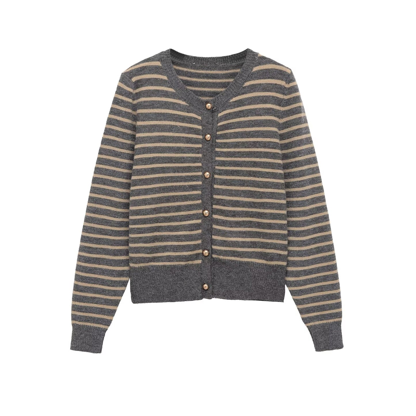 Women's soft textured O Neck striped knitted Coat