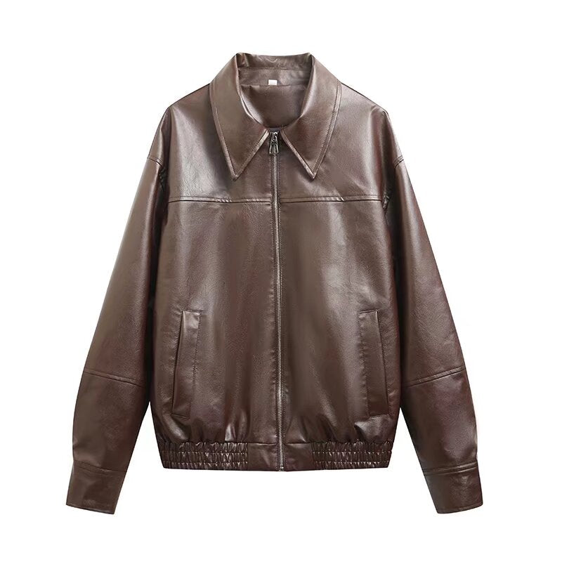 Women's new fashion casual lapel faux leather flight jacket Coat