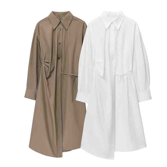 Women's new fashion asymmetrical hem cotton shirt style MIDI dress