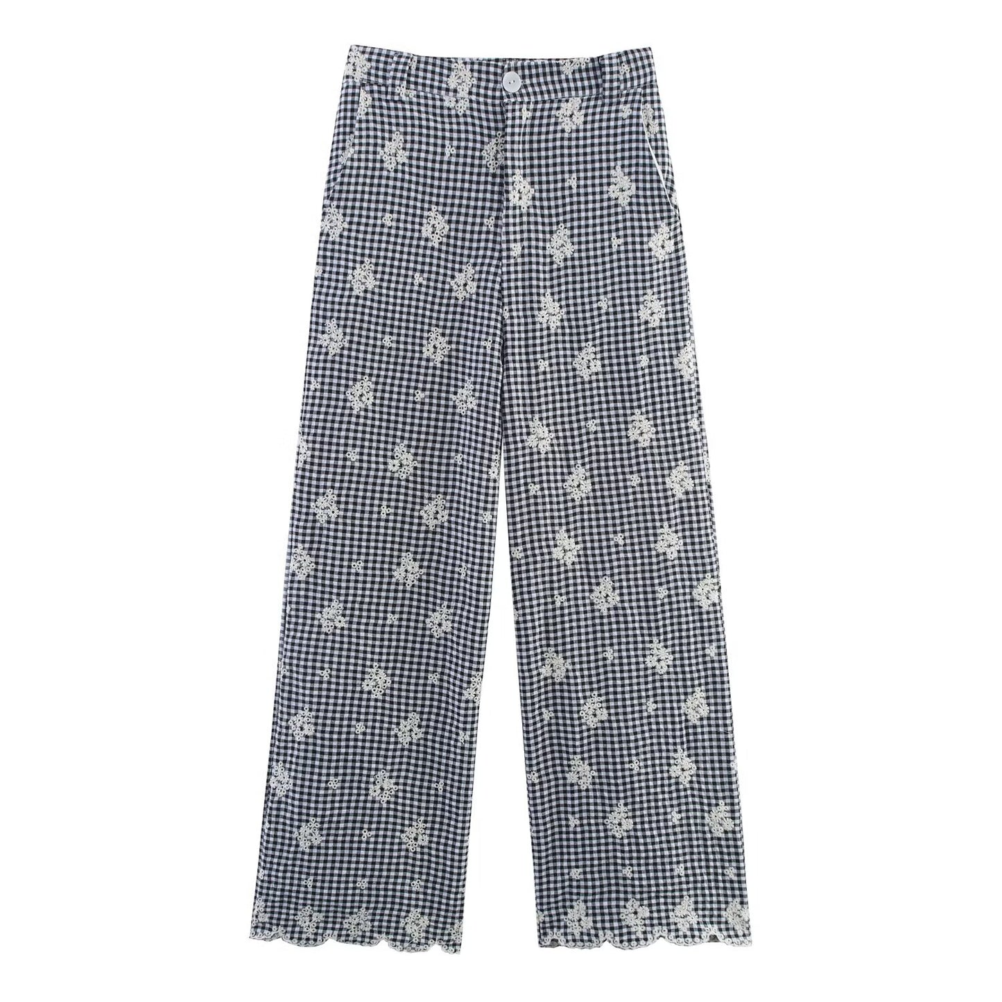 Women's new fashion short sleeved embroidered Plaid shirt+Pants suit