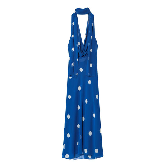 Women's new fashion with scarf polka dot print hanging neck MIDI dress