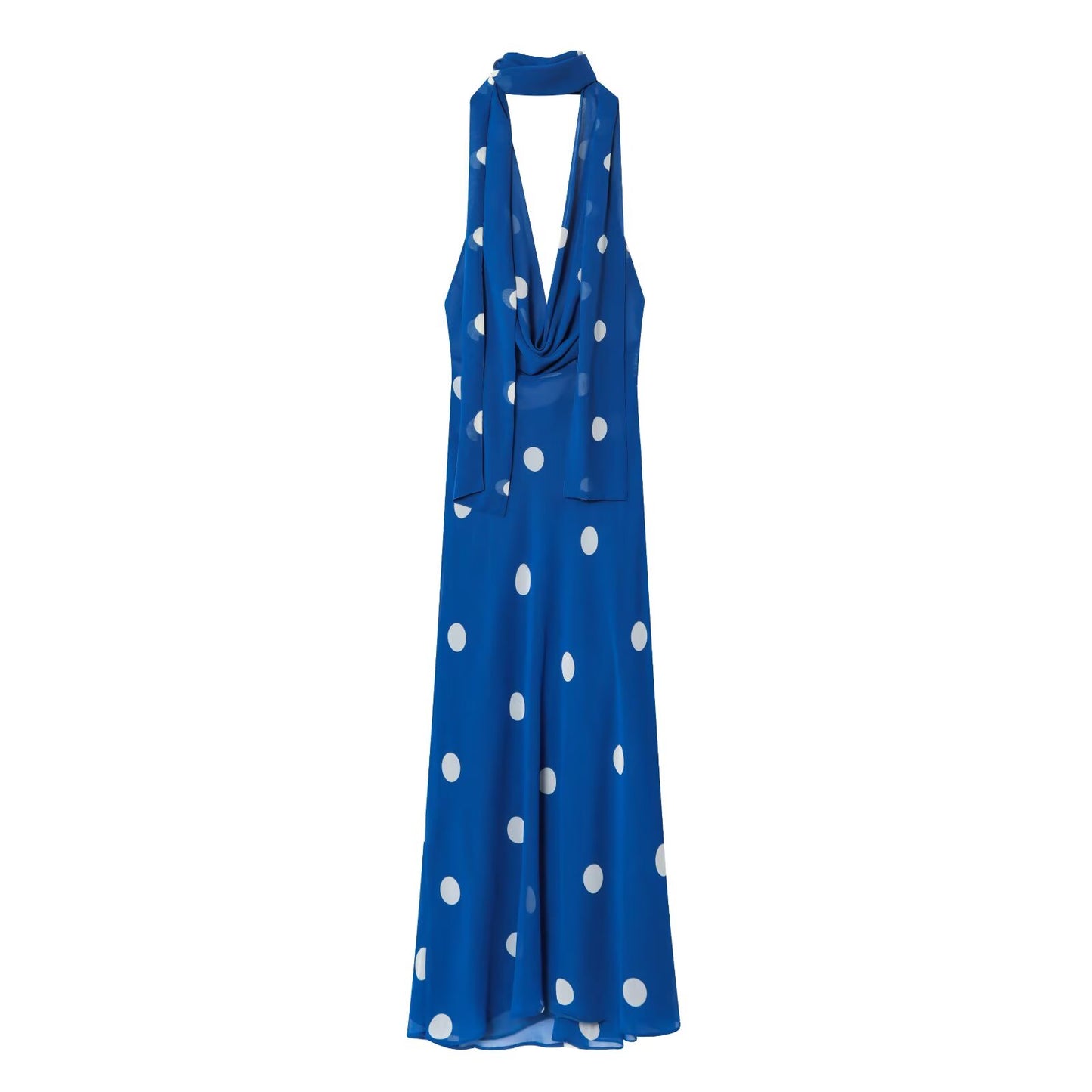 Women's new fashion with scarf polka dot print hanging neck MIDI dress