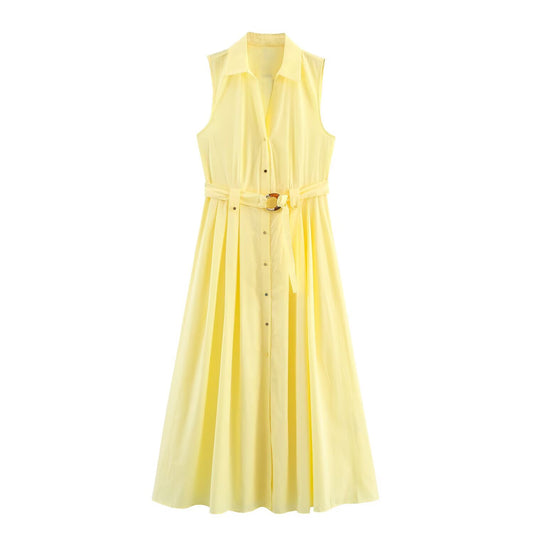 Women's chic Fashion With Belt Sleeveless Poplin Shirt Style Midi Dress