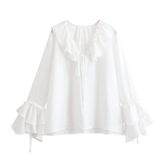 Women's chic Fashion layered ruffle edge decoration casual lace up shirt