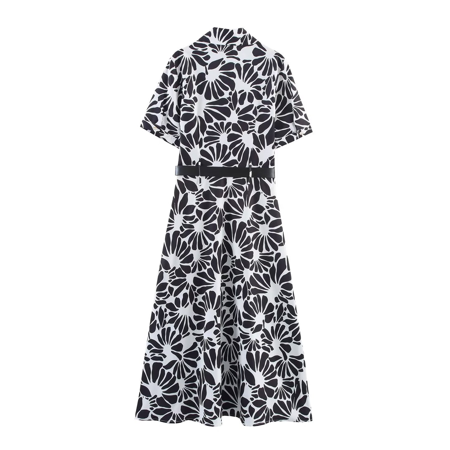 Women's New Fashion With Belt Short sleeved Printed Poplin Midi Dress