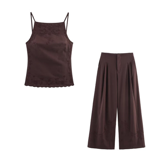 suit Women's 2 pieces new Fashion backless embroidered suspender top+Pants suit