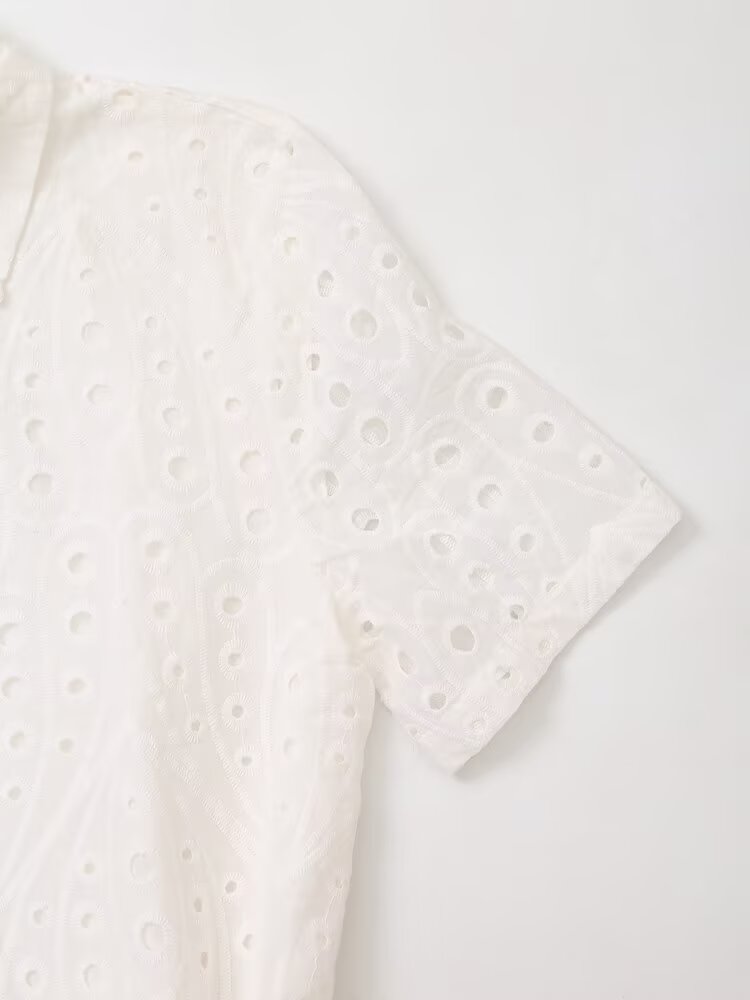 Women's New Fashion With Belt Hollow Embroidered shirt style Mini Dress