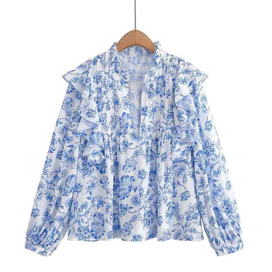 Women's New fashion layered decoration long sleeved printed shirt
