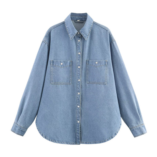 Women's new fashion loose single breasted long sleeved denim shirt