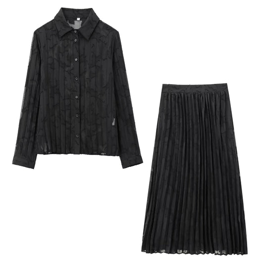 Women's new fashion printed semi transparent pleated shirt+Skirts suit