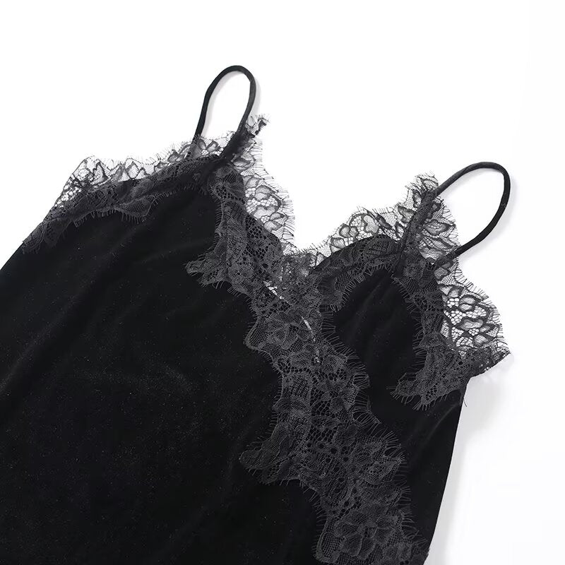 Women's asymmetrical velvet lace suspender dress