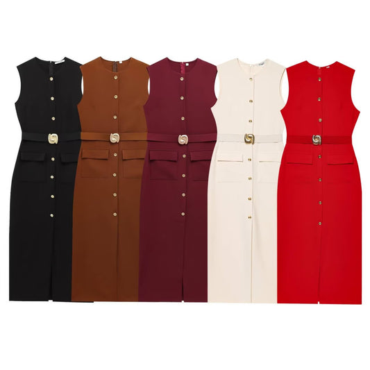 Women's new chic Fashion With belt slim single breasted Midi dress retro sleeveless women's dress