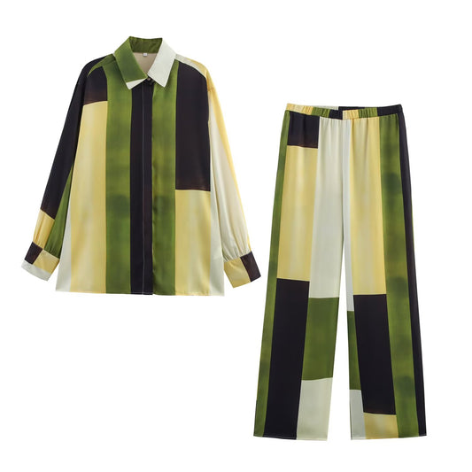 Women's 2025 new fashion loose satin texture printed shirt+Pants suit