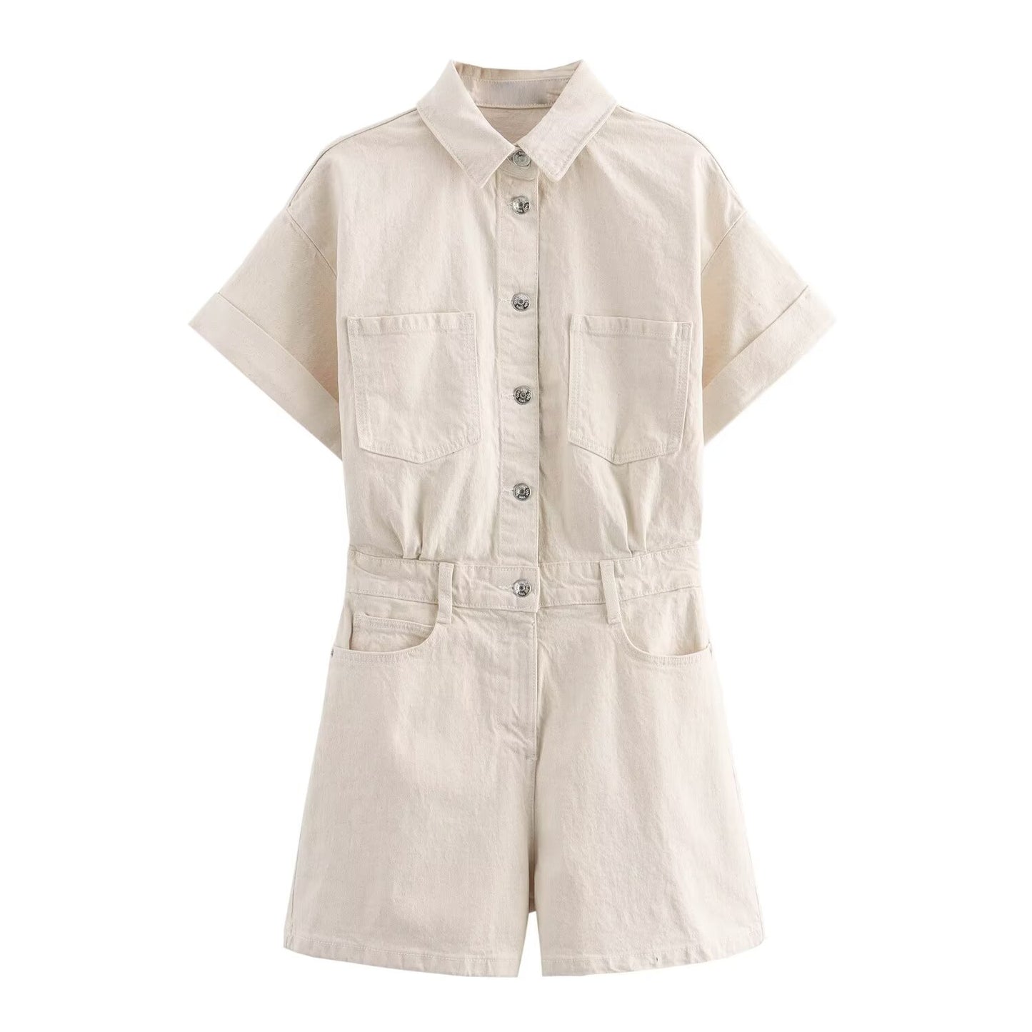 Women's new fashion short sleeved single breasted denim jumpsuit