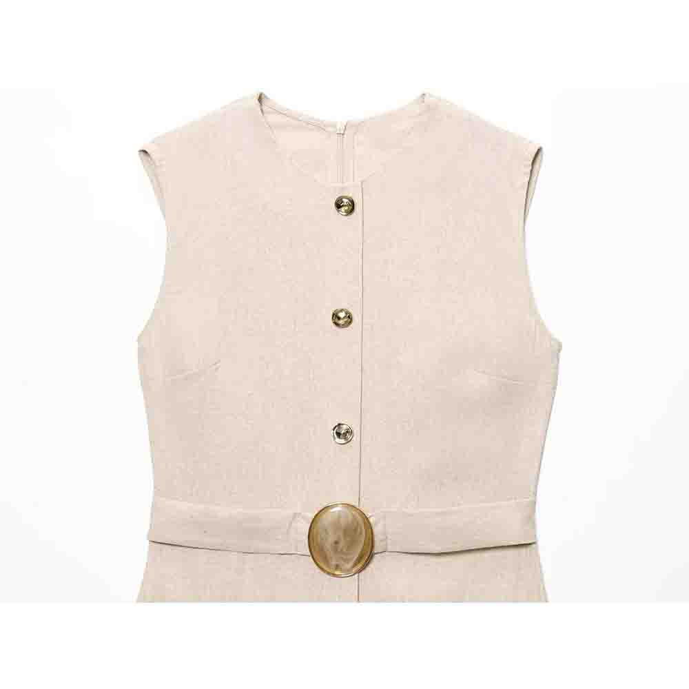 Women's new fashion buckle decoration sleeveless linen blended MIDI dress