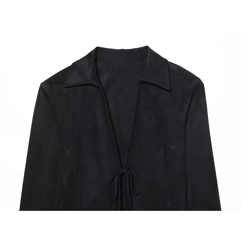 Women's black slim suede effect lace up shirt