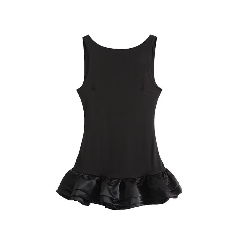 Women's 2025 new fashion fluffy hem slim round neck mini dress retro sleeveless women's dress