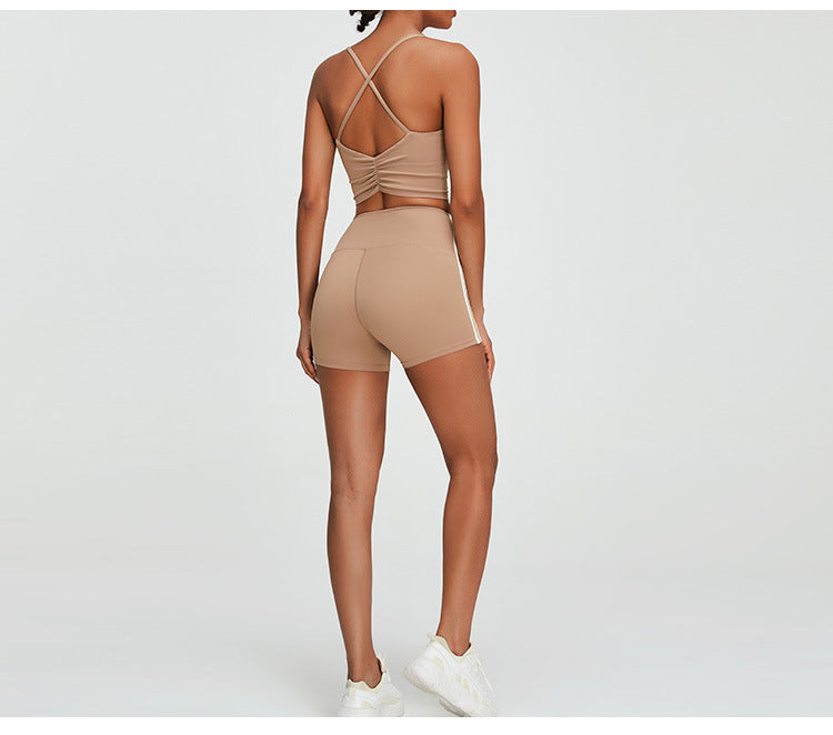 Women's New Suit Sports Bra Cross Vest Yoga Quick-drying Fitness Clothes+high Waist Tight Exercise Hip Yoga Shorts.