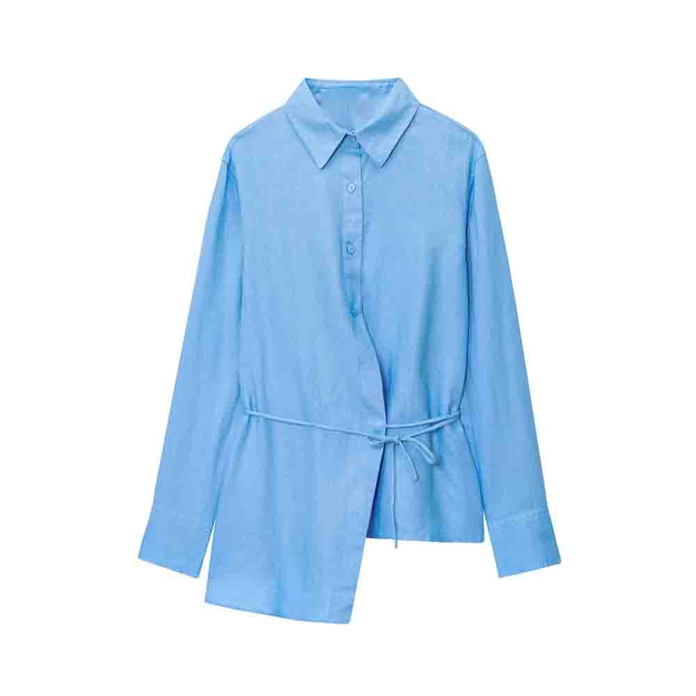 Women's new fashion With Belt asymmetric hem loose linen blend shirt