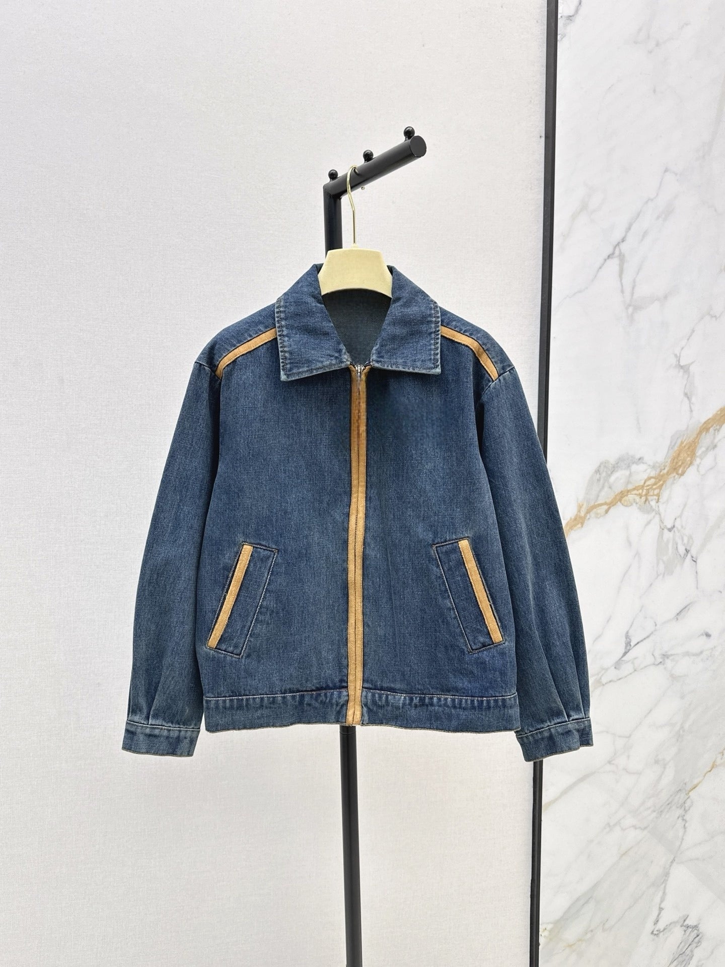Women's split leather decorative denim fabric off-the-shoulder jacket coat+trousers