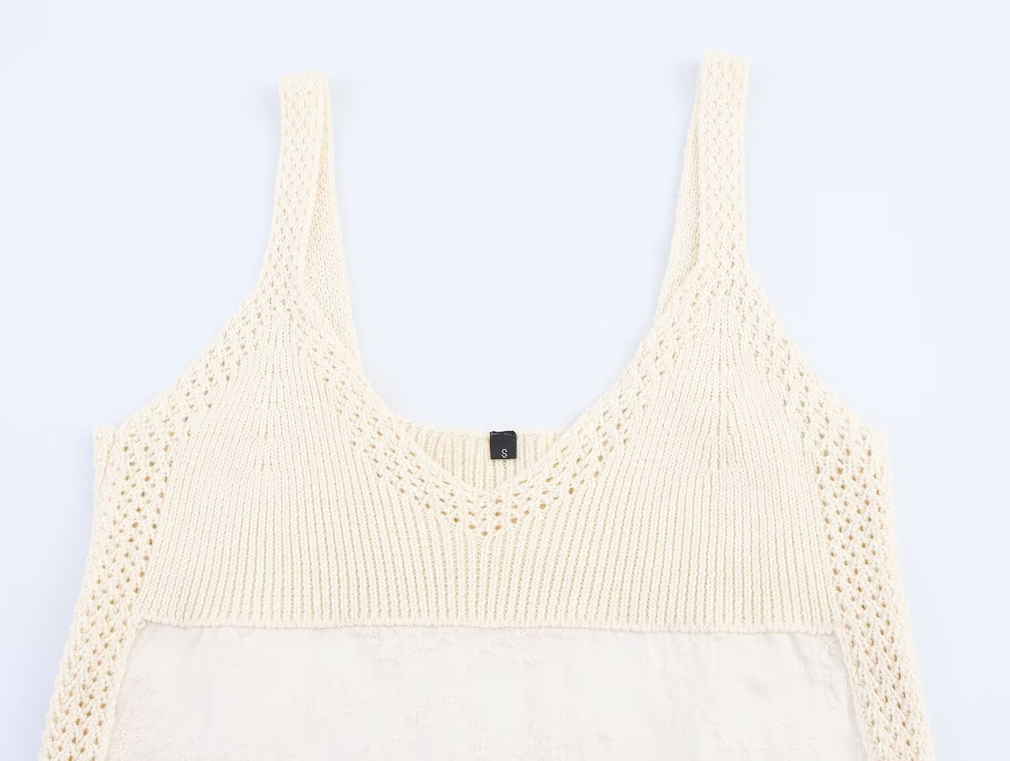 Women's New Fashion Embroidered Splicing Wide Shoulder Strap Knitted Top