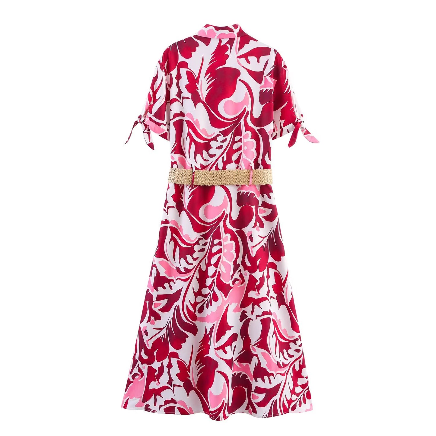 Women's New Fashion With Belt Printed Poplin Midi Dress