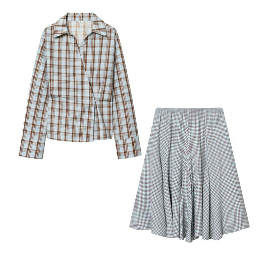 suit Women's 2 pieces pleated poplin plaid shirt+Skirts