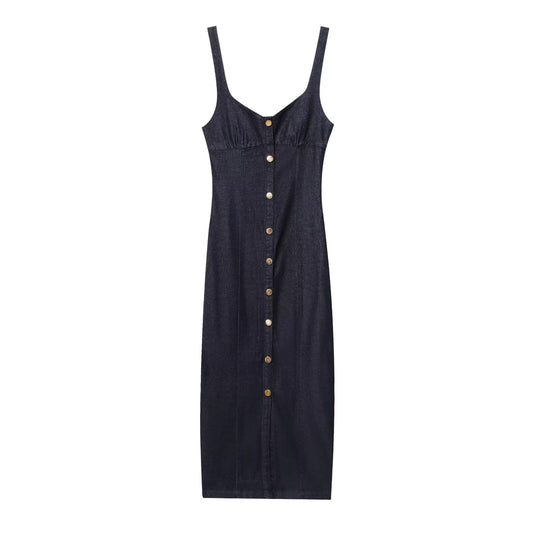 Women's New Fashion Sleeveless Wide Shoulder Strap Cowboy Midi Dress
