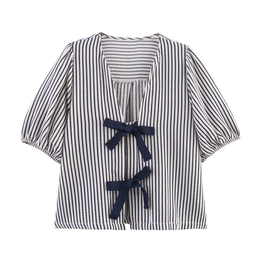 Women's new fashion bow decoration short sleeved V-neck striped top