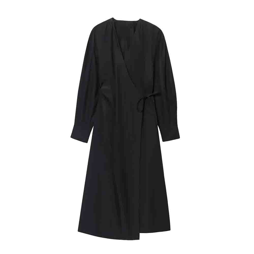 women's new fashion cotton V-neck wrapped shirt style MIDI dress