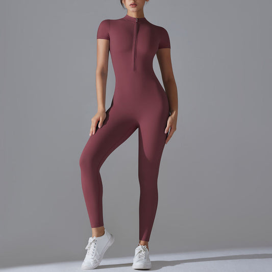 Women's New Nude Zipper Short-sleeved Yoga Clothes Quick-drying Breathable Outdoor Sports Tights Fitness Clothes