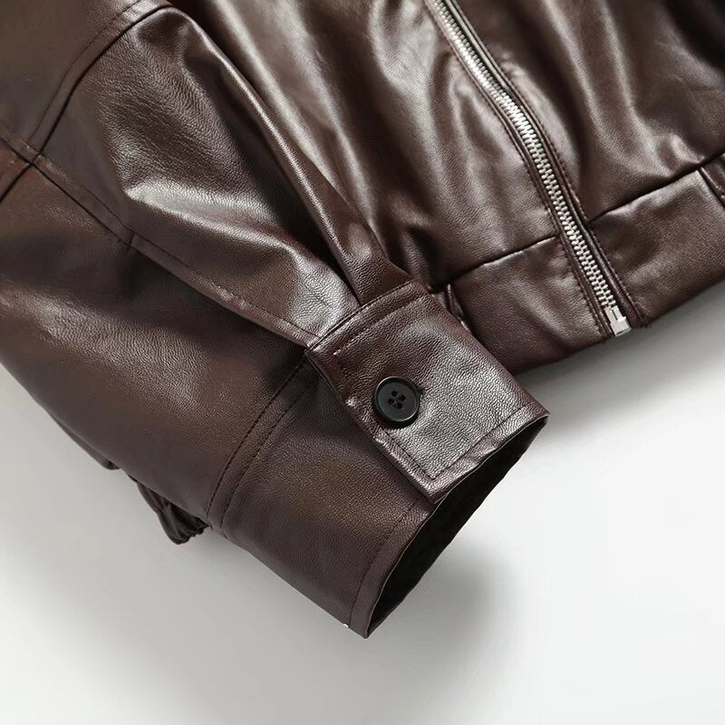 Women's new fashion casual lapel faux leather flight jacket Coat