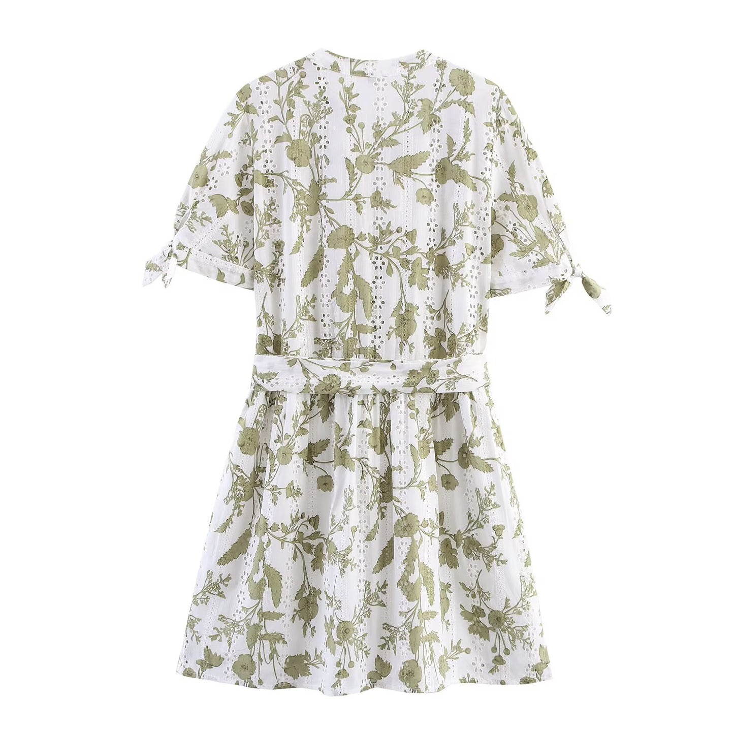 Women's New Fashion With Belt Hollow Embroidery Printed Mini Dress