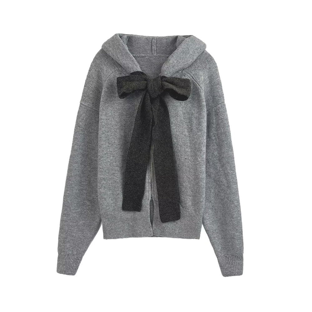 Women's bow decoration knitted hooded Coat