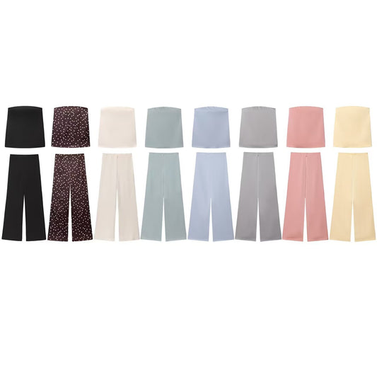 Women's 2025 new fashion satin textured strapless top+Pants suit