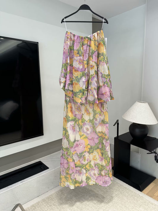 Women's New Fashion Sleeveless Flower Printed suspender Midi Dress