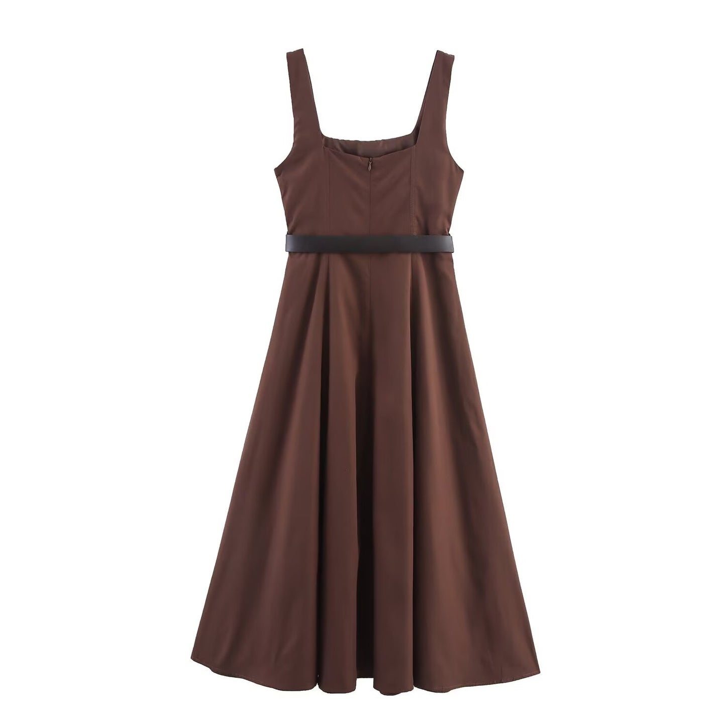 Women's Fashion With Belt Sleeveless Wide Shoulder Strap Midi Dress