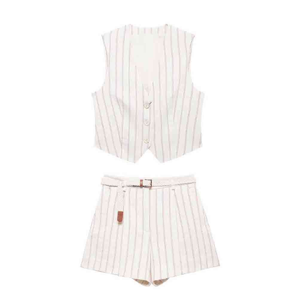 Women's new fashion striped single breasted V-neck vest+shorts